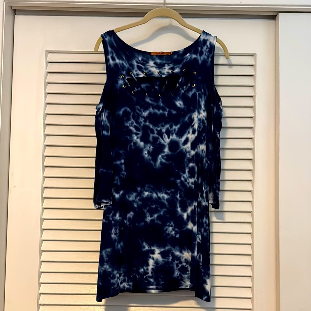 Blue and White Tie-Dye cold shoulder Top